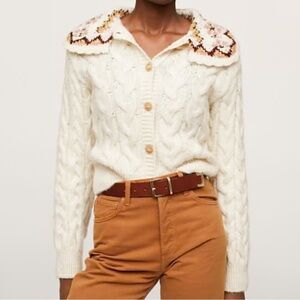Mango Cable Knit Button Front Cardigan With Statement Floral Collar Size Medium
